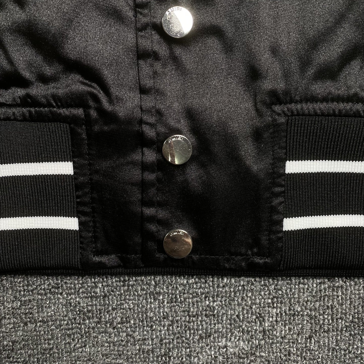 Amiri Satin Flames Souvenir Varsity Bomber Jacket Black