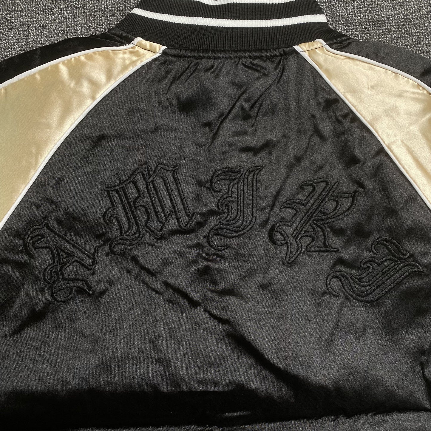Amiri Satin Flames Souvenir Varsity Bomber Jacket Black