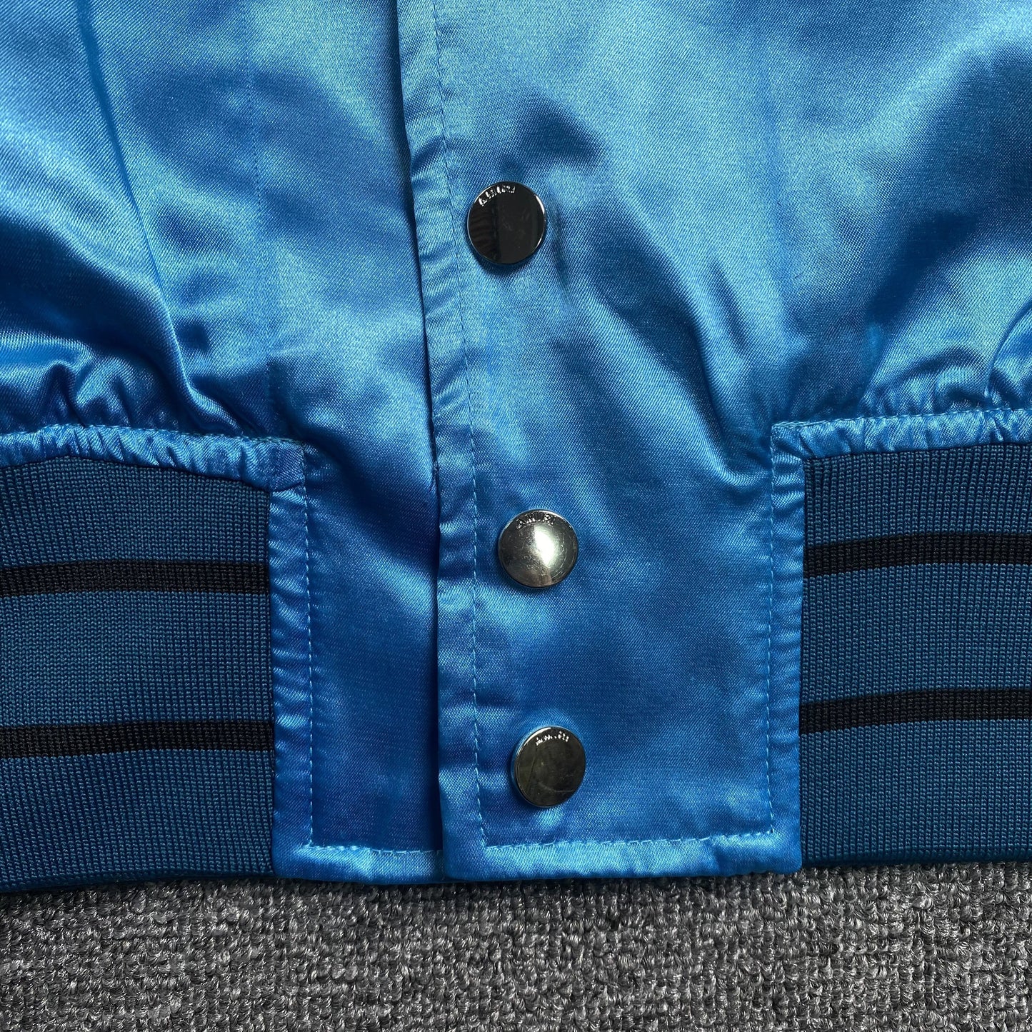 Amiri Satin Flames Souvenir Varsity Bomber Jacket Blue