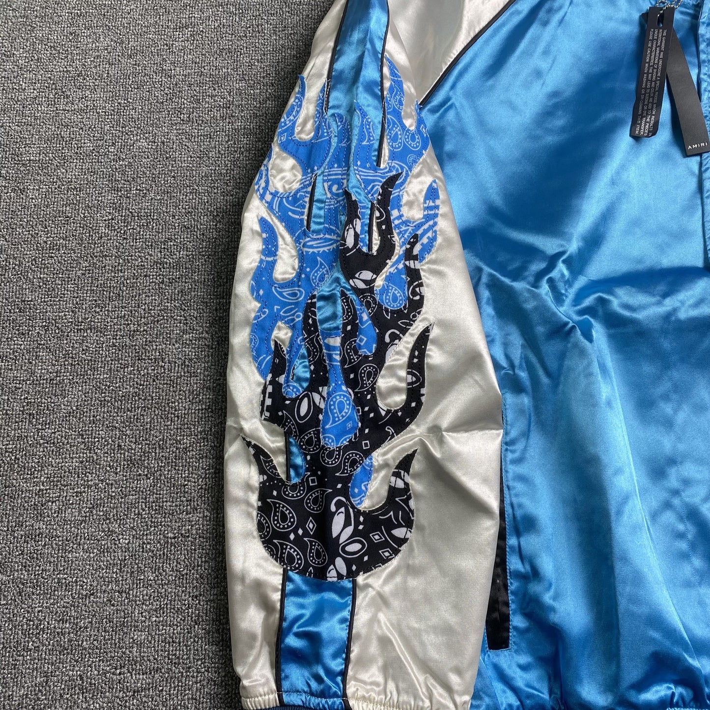 Amiri Satin Flames Souvenir Varsity Bomber Jacket Blue
