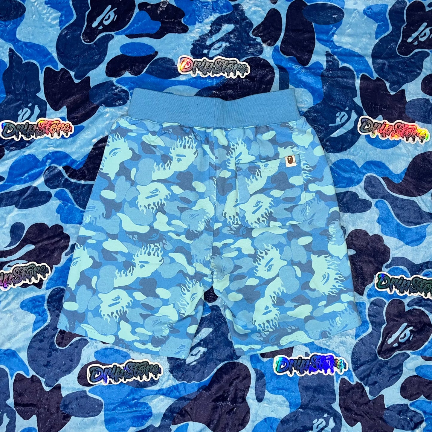 BAPE FIRE CAMO SWEAT SHORTS BLUE