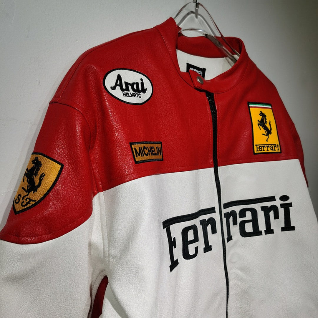 FERRARI VINTAGE F1 LEATHER JACKET WHITE