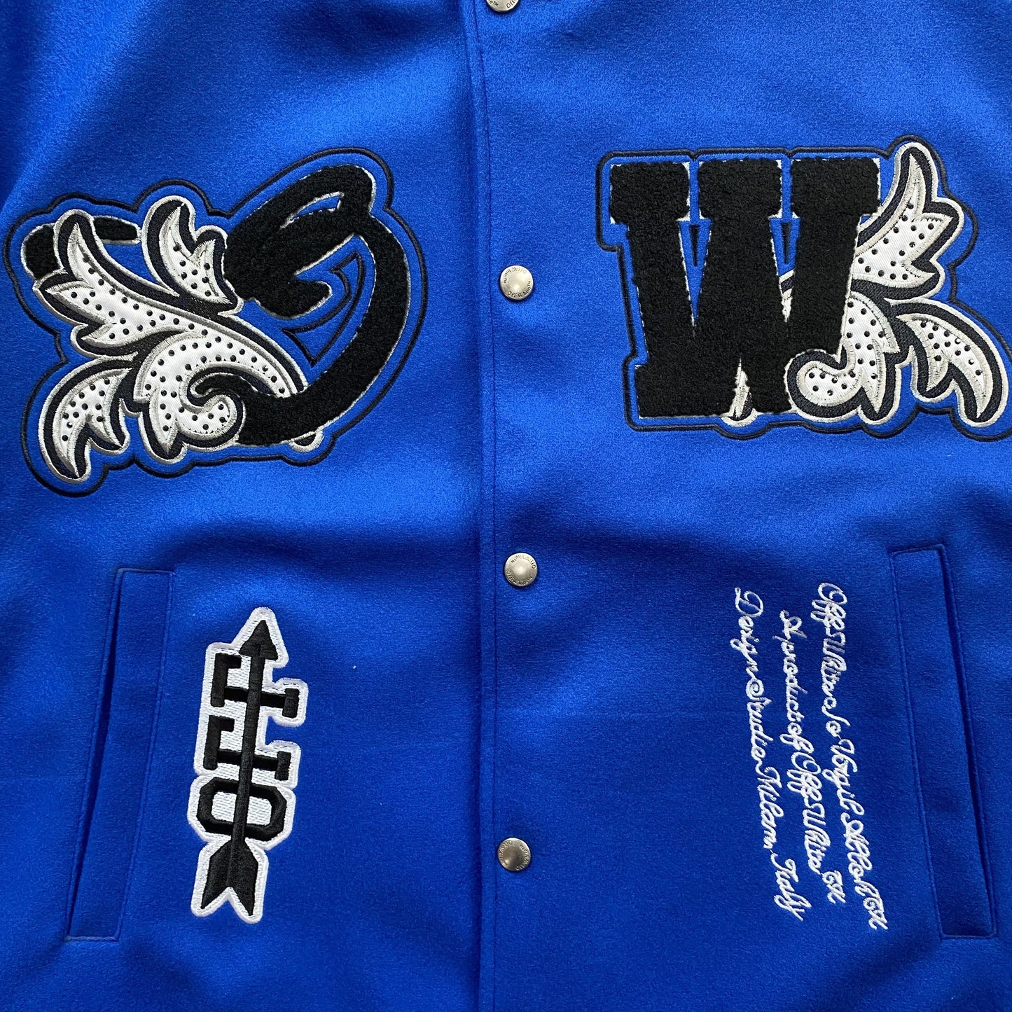 OFF WHITE LOGO APPLIQUE VARSITY JACKET ROYAL
