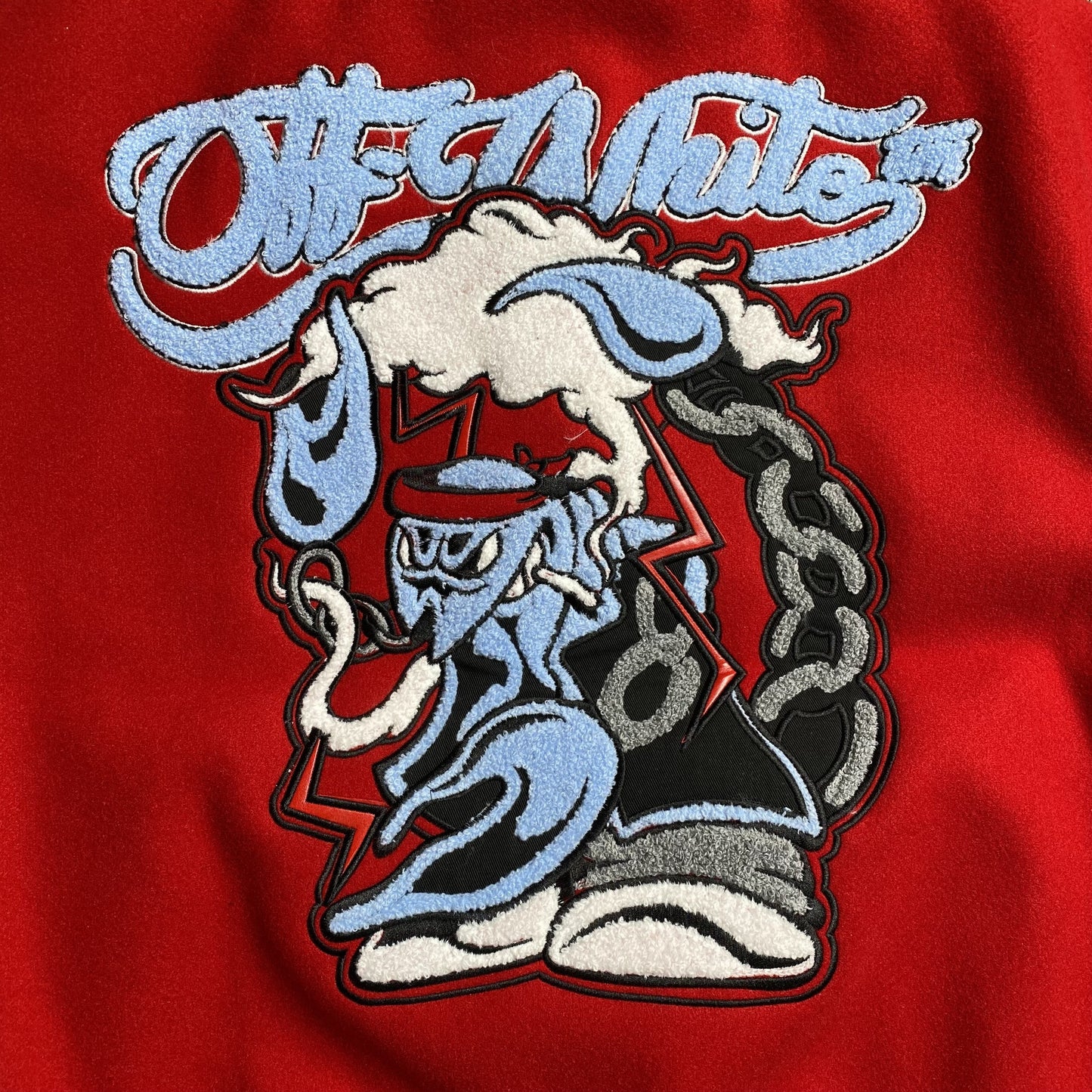 OFF WHITE PATCHWORK VARSITY JACKET RED