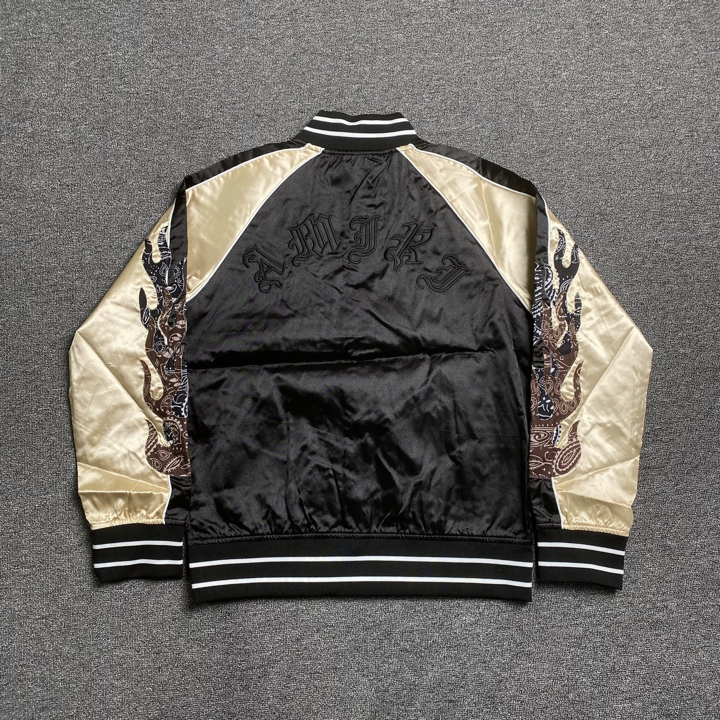 Amiri Satin Flames Souvenir Varsity Bomber Jacket Black