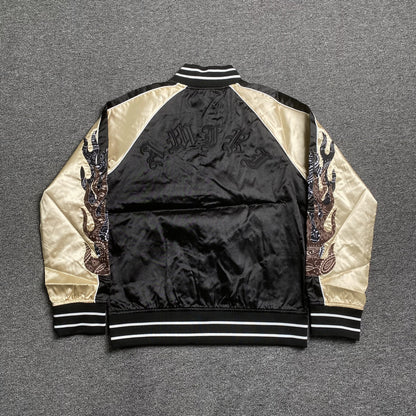 Amiri Satin Flames Souvenir Varsity Bomber Jacket Black