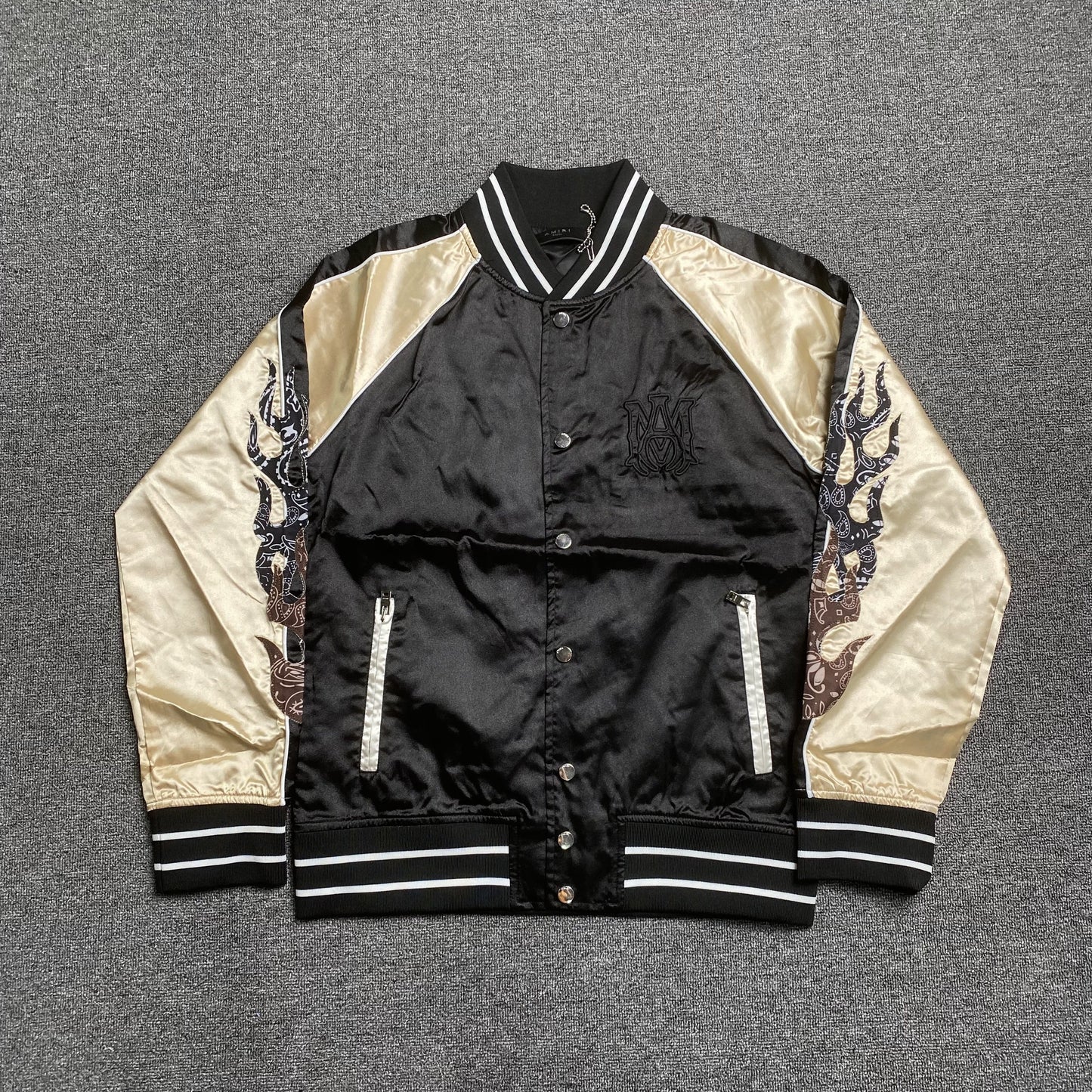 Amiri Satin Flames Souvenir Varsity Bomber Jacket Black