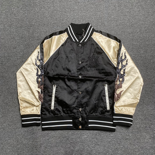 Amiri Satin Flames Souvenir Varsity Bomber Jacket Black