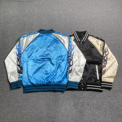 Amiri Satin Flames Souvenir Varsity Bomber Jacket Blue