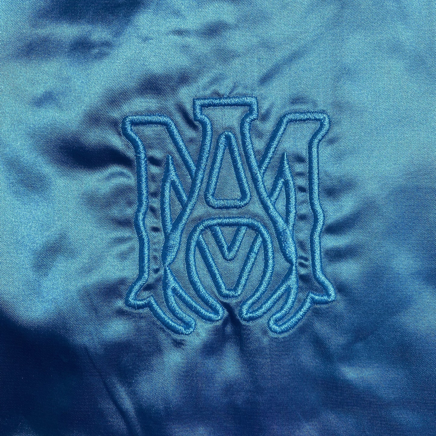 Amiri Satin Flames Souvenir Varsity Bomber Jacket Blue