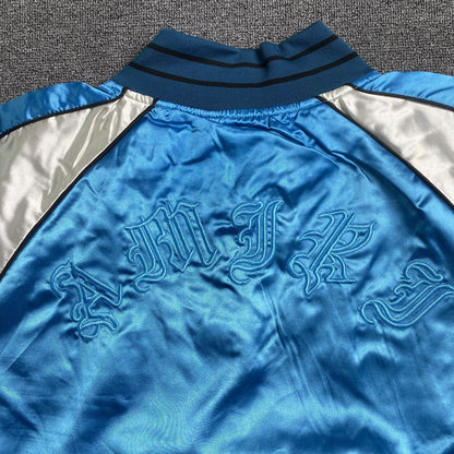 Amiri Satin Flames Souvenir Varsity Bomber Jacket Blue