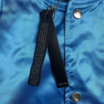 Amiri Satin Flames Souvenir Varsity Bomber Jacket Blue