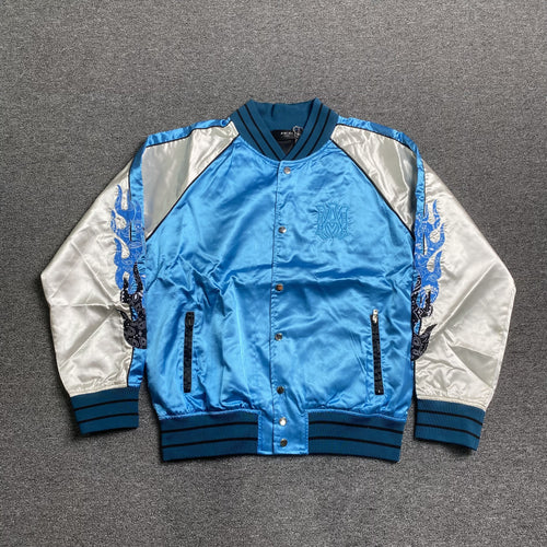 Amiri Satin Flames Souvenir Varsity Bomber Jacket Blue