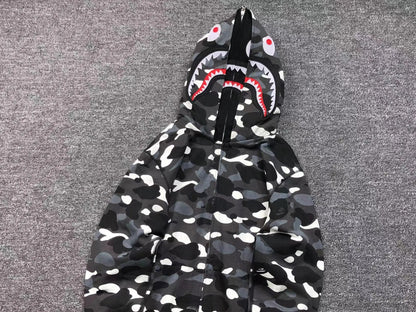BAPE CITY CAMO SHARK WIDE FULL ZIP DOUBLE HOODIE BLACK