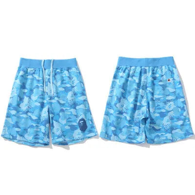 BAPE FIRE CAMO SWEAT SHORTS BLUE