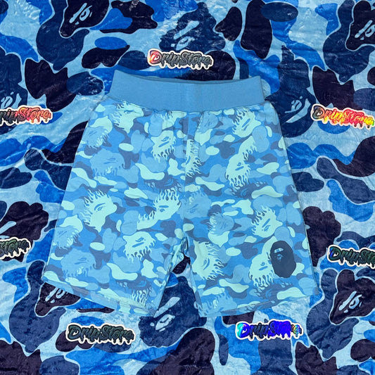 BAPE FIRE CAMO SWEAT SHORTS BLUE