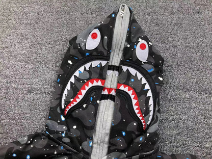 BAPE SPACE CAMO SHARK FULL ZIP DOUBLE HOODIE BLACK