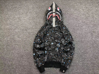 BAPE SPACE CAMO SHARK FULL ZIP DOUBLE HOODIE BLACK