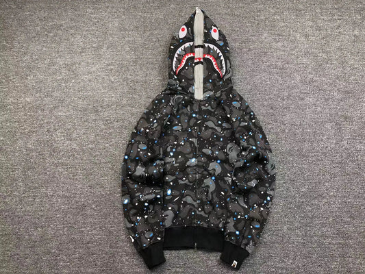 BAPE SPACE CAMO SHARK FULL ZIP DOUBLE HOODIE BLACK