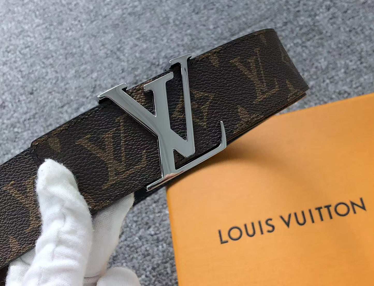 Louis Vuitton Monogram Silver LV Initials Belt Brown