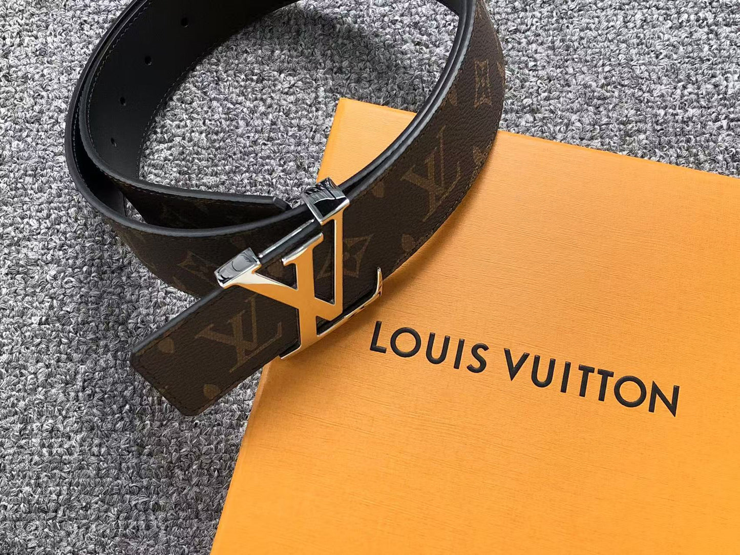 Louis Vuitton Monogram Silver LV Initials Belt Brown