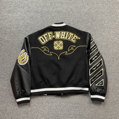 OFF WHITE BLING HORSEHOE VARSITY JACKET BLACK