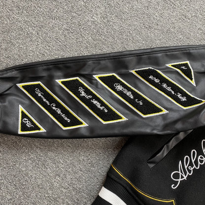 OFF WHITE BLING HORSEHOE VARSITY JACKET BLACK