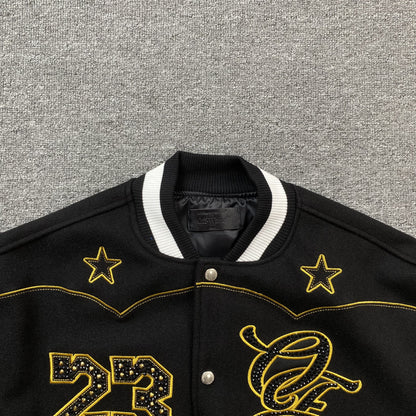 OFF WHITE BLING HORSEHOE VARSITY JACKET BLACK