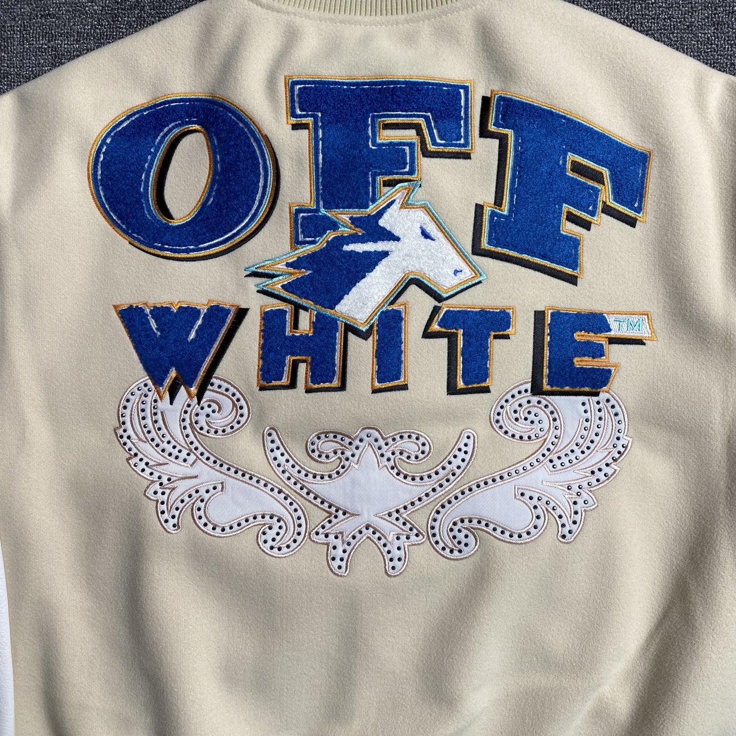 OFF WHITE WO THUNDERBOLT VARSITY JACKET NEUTRALS