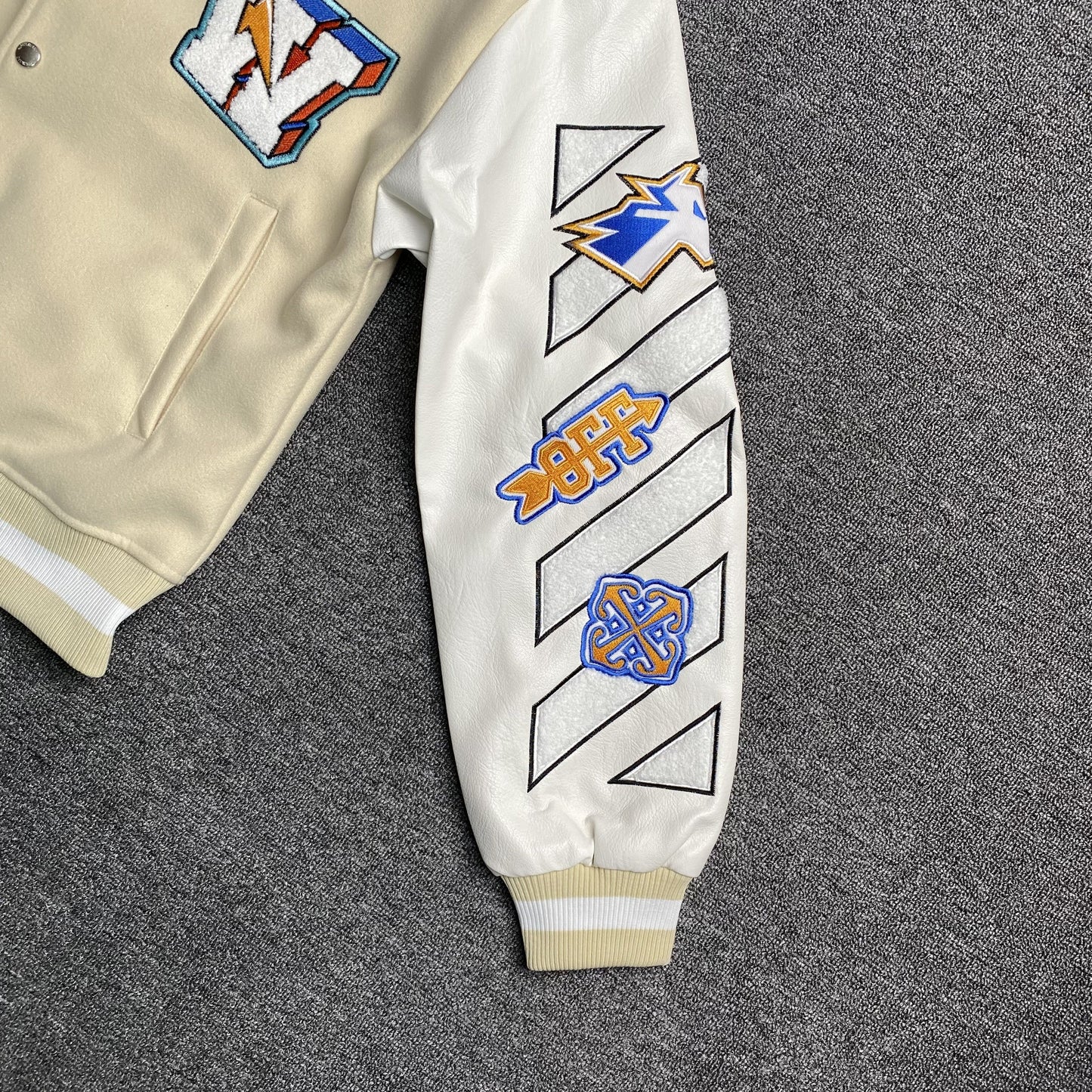 OFF WHITE WO THUNDERBOLT VARSITY JACKET NEUTRALS